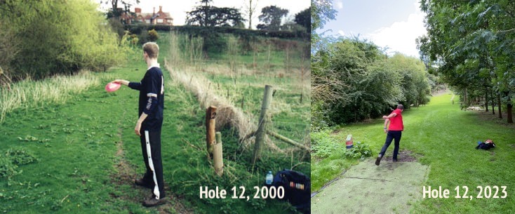 Hole 12 at Quarry Park Disc Golf Course. Comparing 2000 and 2023 with mature trees
