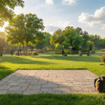 A wide, cinematic photograph of an empty disc golf course on a quiet, overcast morning. In the foreground, a canvas disc bag sits beside a worn tee pad. A narrow dirt path curves through desaturated green grass toward several metal baskets scattered in the mid-distance under a soft, grey sky.