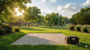 A wide, cinematic photograph of an empty disc golf course on a quiet, overcast morning. In the foreground, a canvas disc bag sits beside a worn tee pad. A narrow dirt path curves through desaturated green grass toward several metal baskets scattered in the mid-distance under a soft, grey sky.