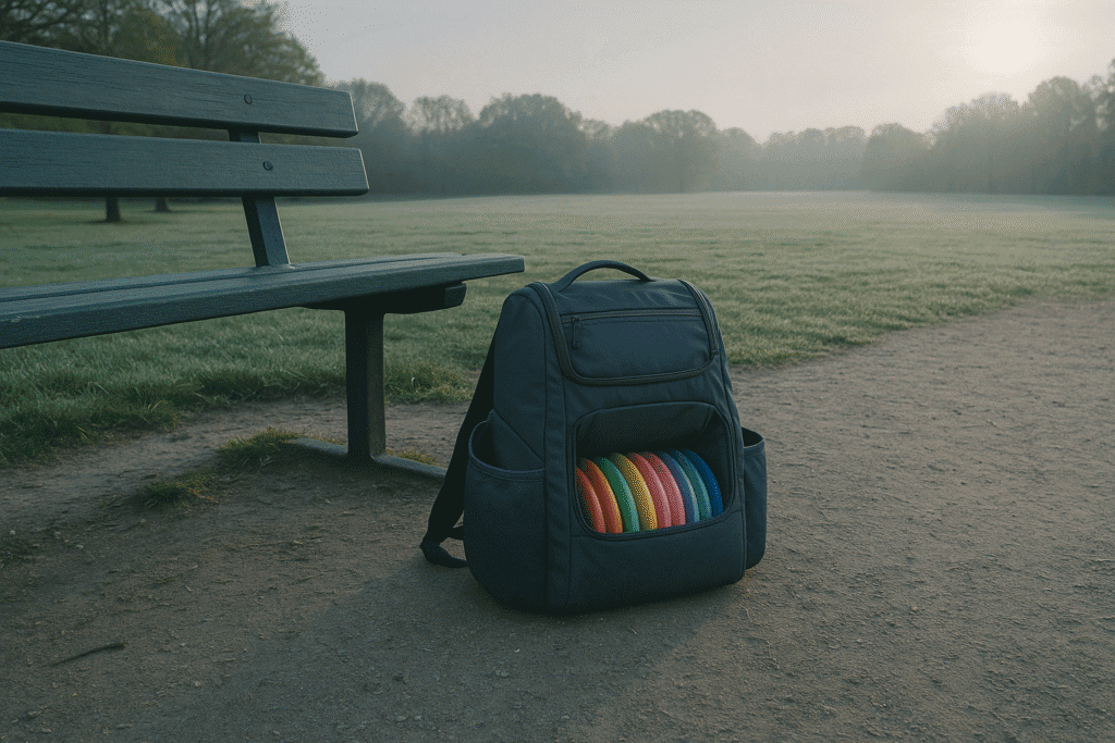Hesitation before the disc golf starting point captured by an unopened bag on a quiet course bench
