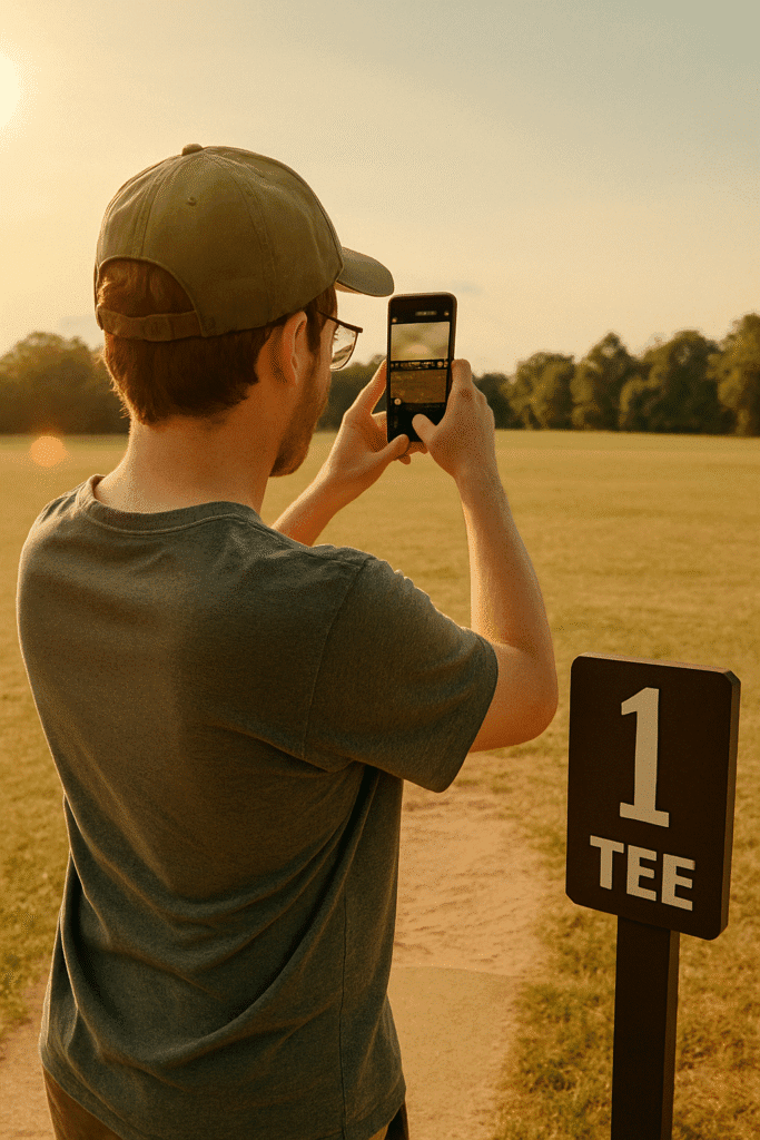 New disc golfer documenting their disc golf starting point with a photo at the first tee