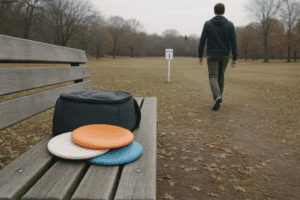 Disc golfer leaving gear behind to mark a committed disc golf starting point on a quiet course