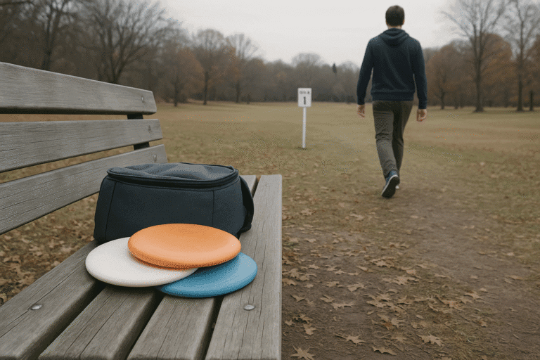 Disc golfer leaving gear behind to mark a committed disc golf starting point on a quiet course
