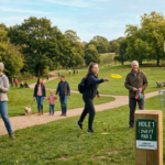 A wide, sunlit photograph capturing a newly developed public park disc golf course in the UK. On the left, a male park services worker in high-visibility clothing and a female park visitor in a beanie discuss plans next to a large wooden map sign for the "PARK DEVELOPMENT & DISC GOLF COURSE." Near them, a family with a small dog walks along a gravel path. On the right, a teenage girl is mid-throw, releasing a yellow disc toward a detailed metal disc golf basket. Behind her, a smiling older man holds a small stack of colorful discs. In the foreground is a green tee sign indicating "HOLE 1 | 240 FT | PAR 3 | DONATED BY COMMUNITY CHARITY." Rolling hills and mature autumn trees define the background, with other distant park-goers visible under a partly cloudy sky.