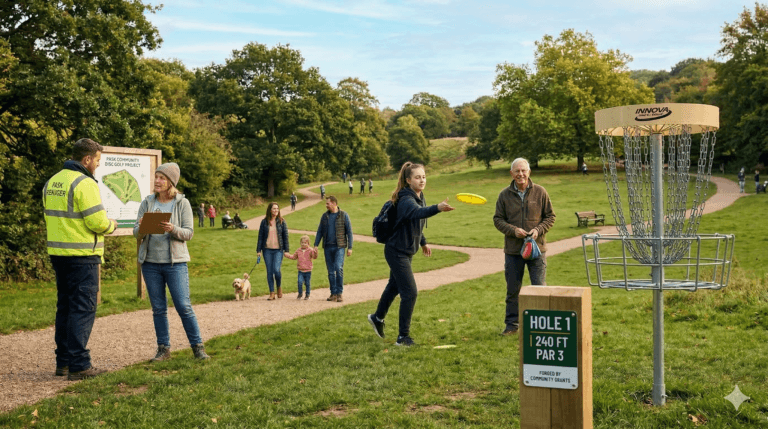 A wide, sunlit photograph capturing a newly developed public park disc golf course in the UK. On the left, a male park services worker in high-visibility clothing and a female park visitor in a beanie discuss plans next to a large wooden map sign for the "PARK DEVELOPMENT & DISC GOLF COURSE." Near them, a family with a small dog walks along a gravel path. On the right, a teenage girl is mid-throw, releasing a yellow disc toward a detailed metal disc golf basket. Behind her, a smiling older man holds a small stack of colorful discs. In the foreground is a green tee sign indicating "HOLE 1 | 240 FT | PAR 3 | DONATED BY COMMUNITY CHARITY." Rolling hills and mature autumn trees define the background, with other distant park-goers visible under a partly cloudy sky.